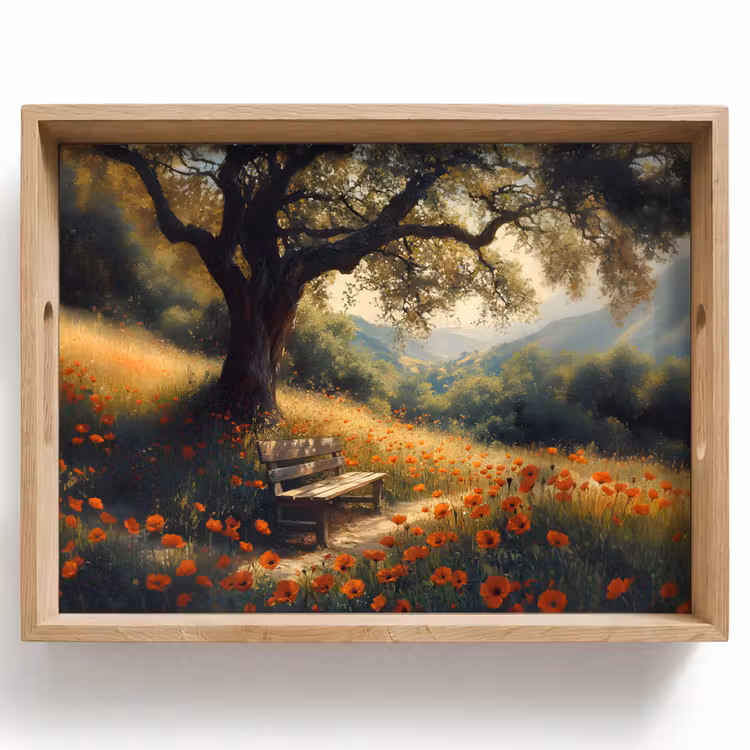 Tablett - Bank - Baum - Mohnblumen - Hügel — 1