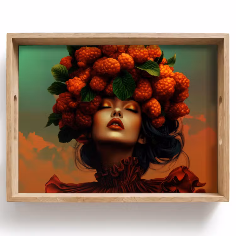 Tablett - Frau - Himbeeren - Blätter — 1