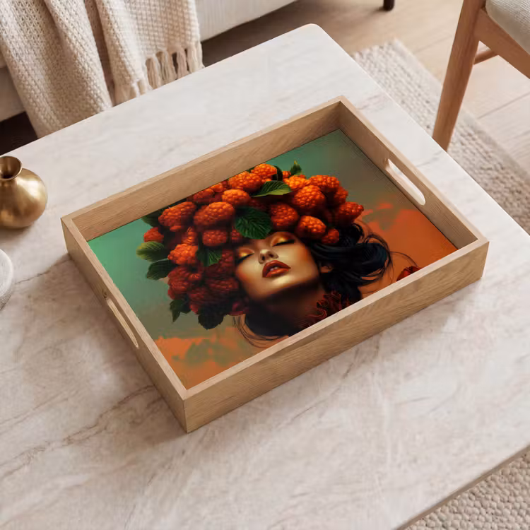 Tablett - Frau - Himbeeren - Blätter — 2