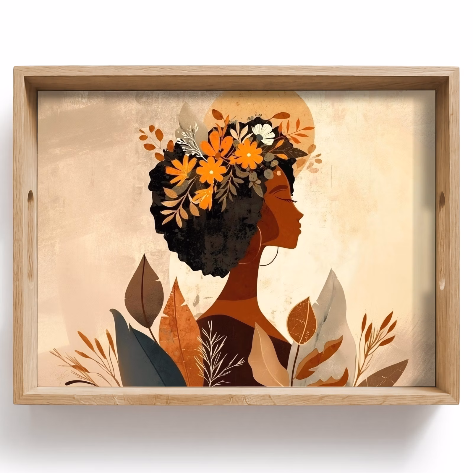 Tablett - Frau - Locken - Blumen - Beige — 1