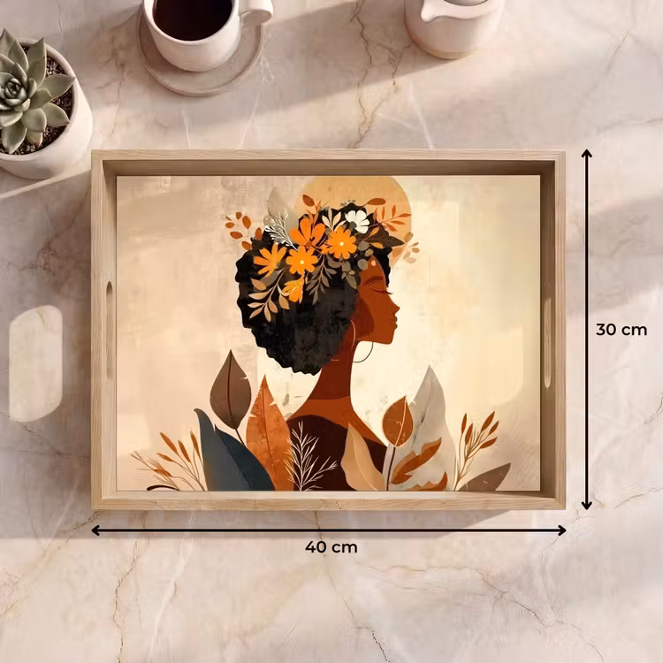 Tablett - Frau - Locken - Blumen - Beige — 7