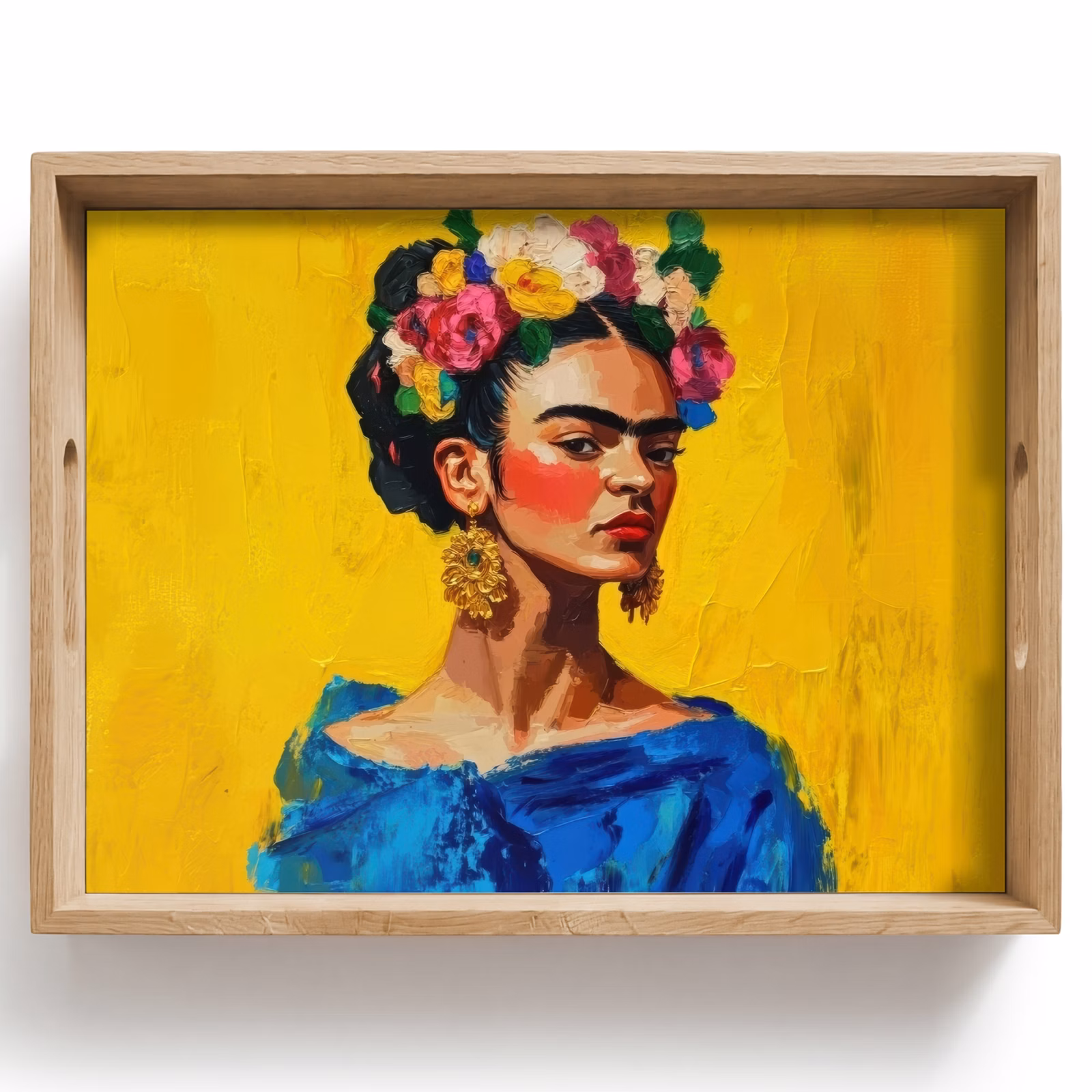 Tablett - Frida Kahlo - Frau - Gelb - Blau - Blumen — 1