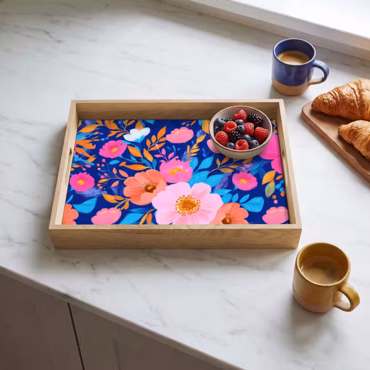 Tablett - Blumen - Blau - Rosa — 3