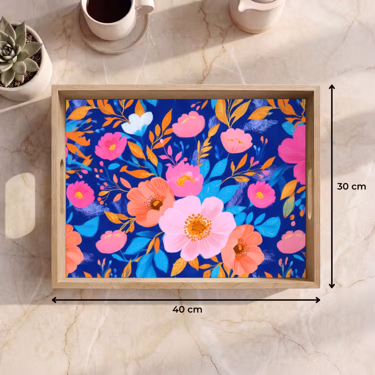 Tablett - Blumen - Blau - Rosa — 7