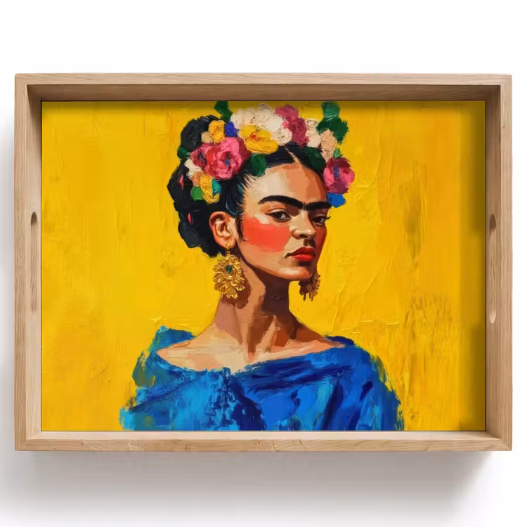 Tablett - Frida Kahlo - Frau - Gelb - Blau - Blumen — 1