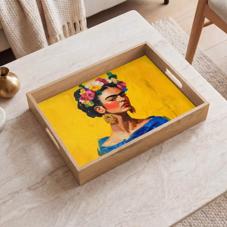 Tablett - Frida Kahlo - Frau - Gelb - Blau - Blumen — 2