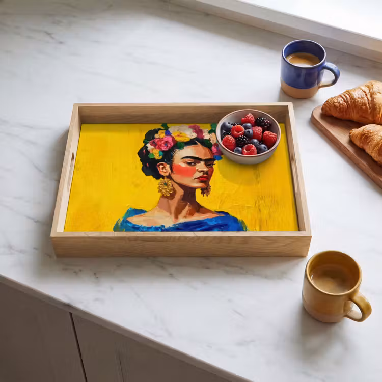 Tablett - Frida Kahlo - Frau - Gelb - Blau - Blumen — 3