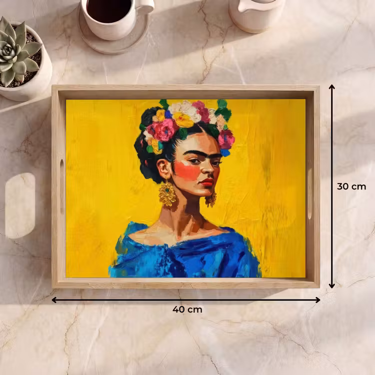 Tablett - Frida Kahlo - Frau - Gelb - Blau - Blumen — 7