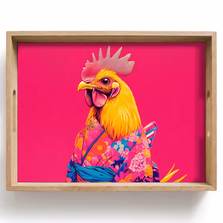Tablett - Hahn - Bunt - Kimono - Rosa — 1