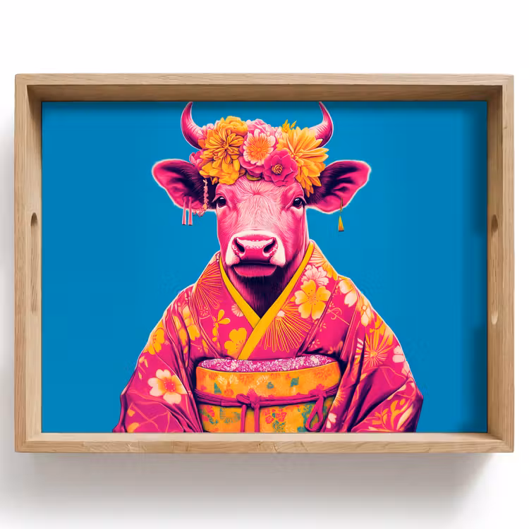 Tablett - Kuh - Blütenkranz - Ohrringe - Kimono — 1