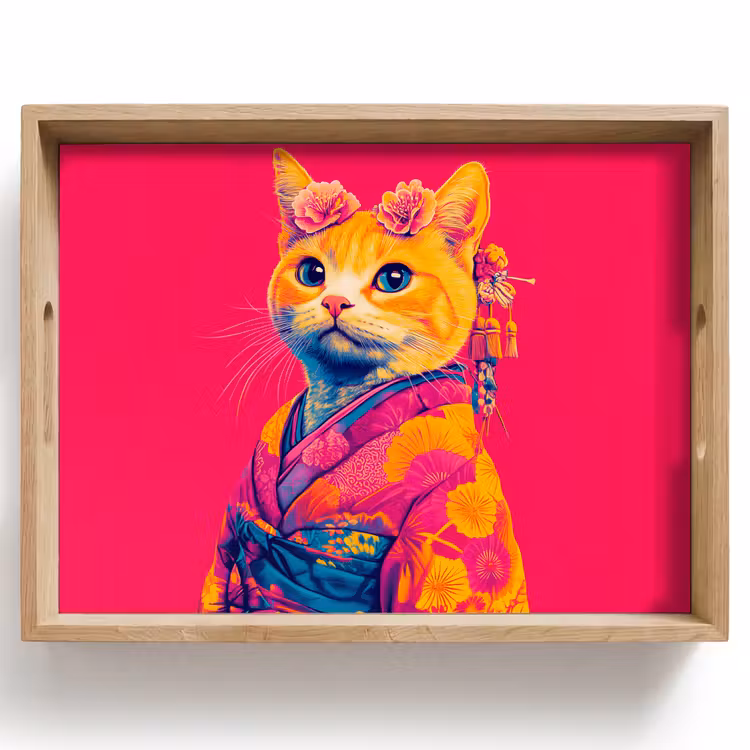 Tablett - Katze - Kimono - Blumen - Rosa — 1