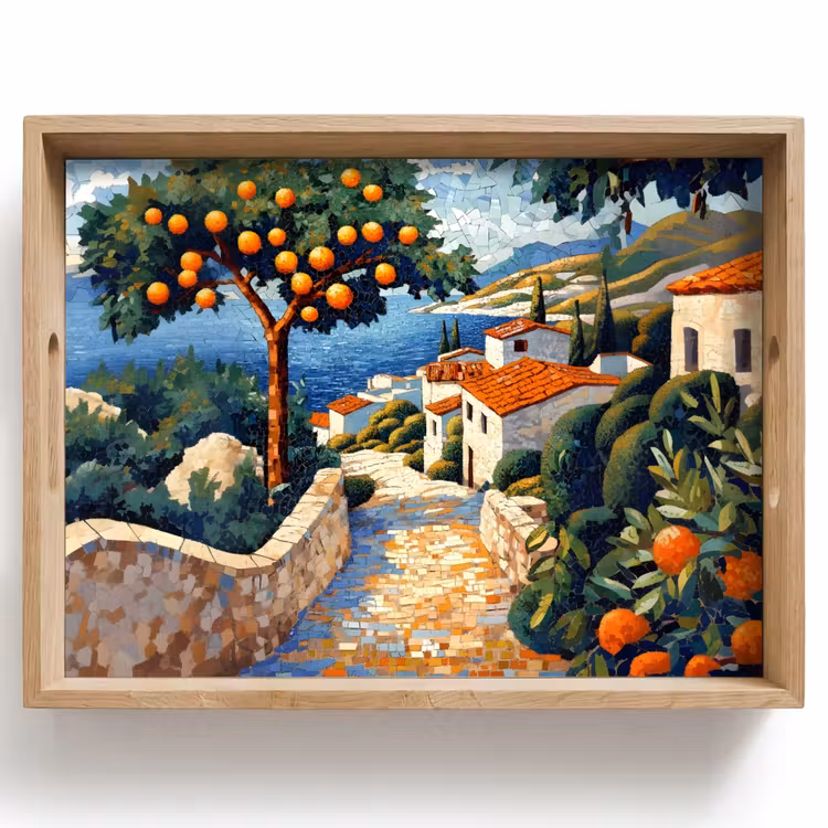 Tablett - Häuser - Mosaik - Orangenbäume - Meer — 1
