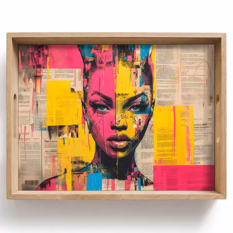Tablett - Frauengesicht - Zeitungspapier - Abstrakt - Rosa — 1