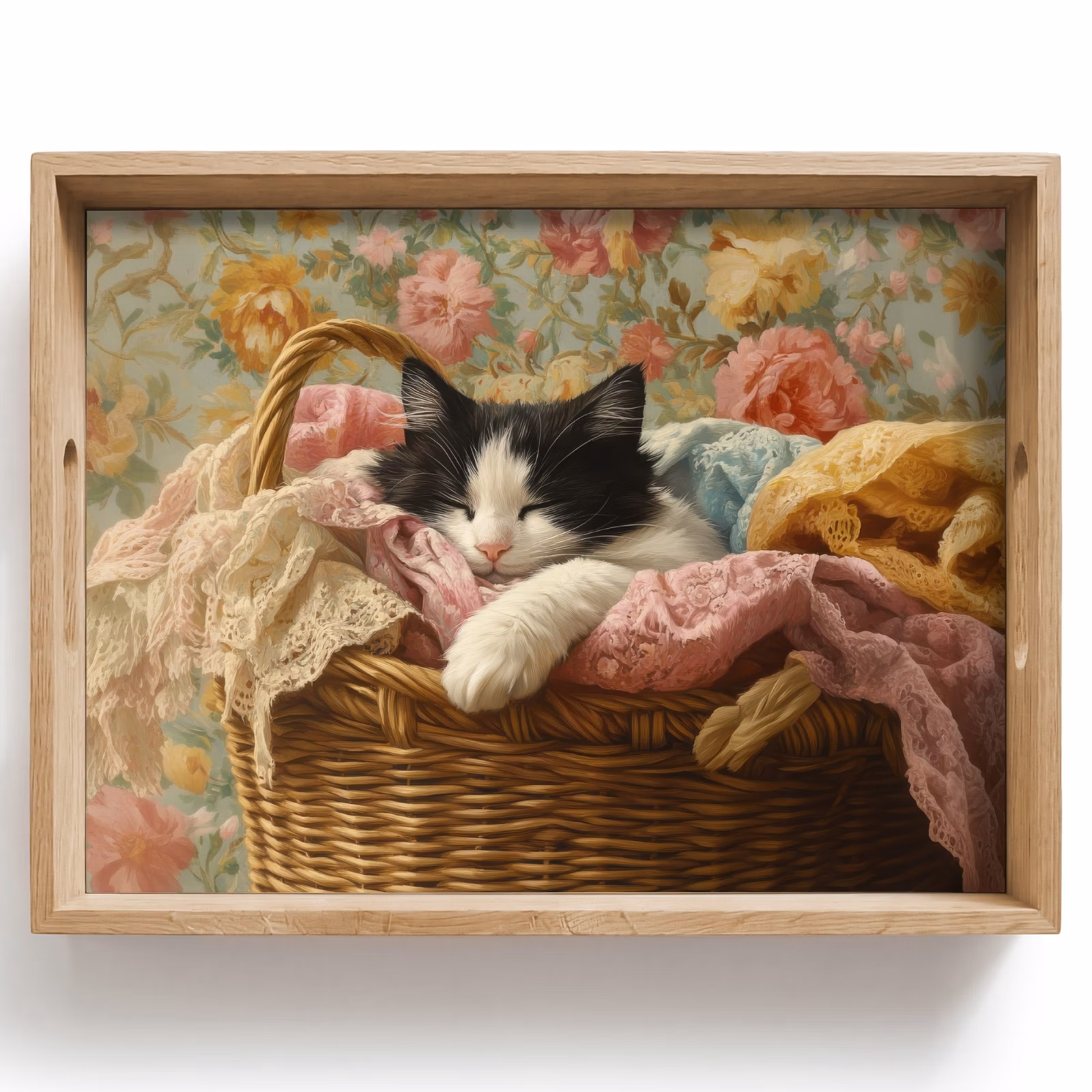 Tablett - Katze - Blumendruck - Weidenkorb — 1