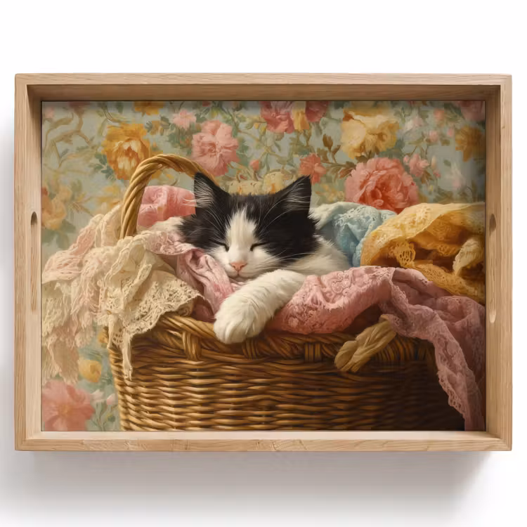 Tablett - Katze - Blumendruck - Weidenkorb — 1