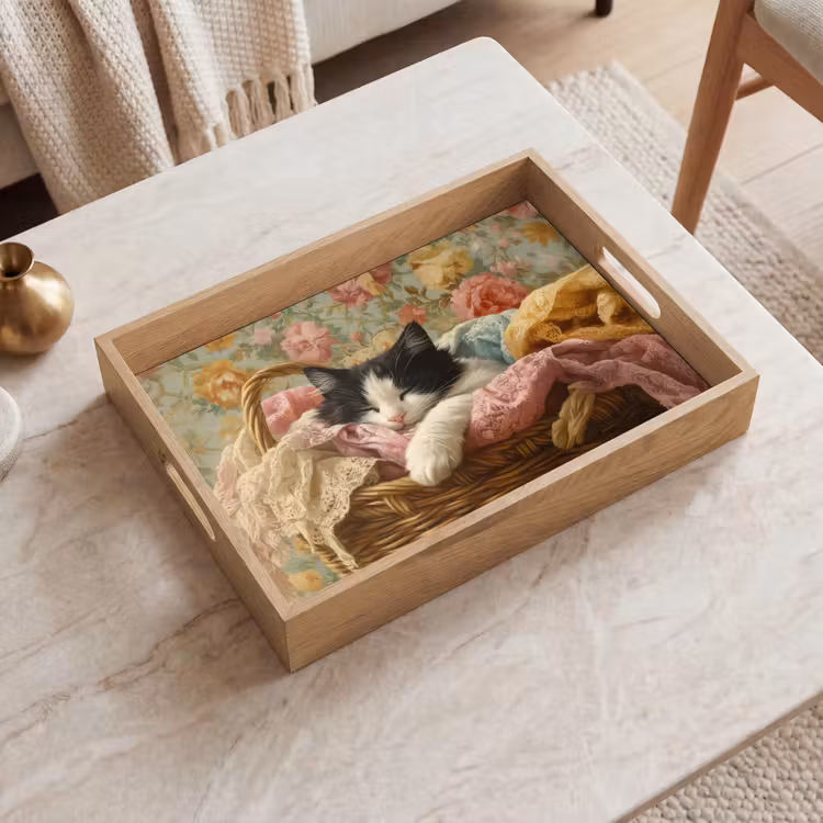 Tablett - Katze - Blumendruck - Weidenkorb — 2