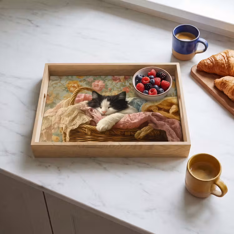 Tablett - Katze - Blumendruck - Weidenkorb — 3