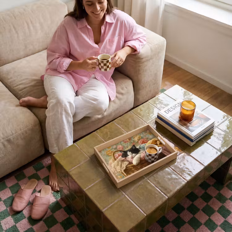 Tablett - Katze - Blumendruck - Weidenkorb — 4