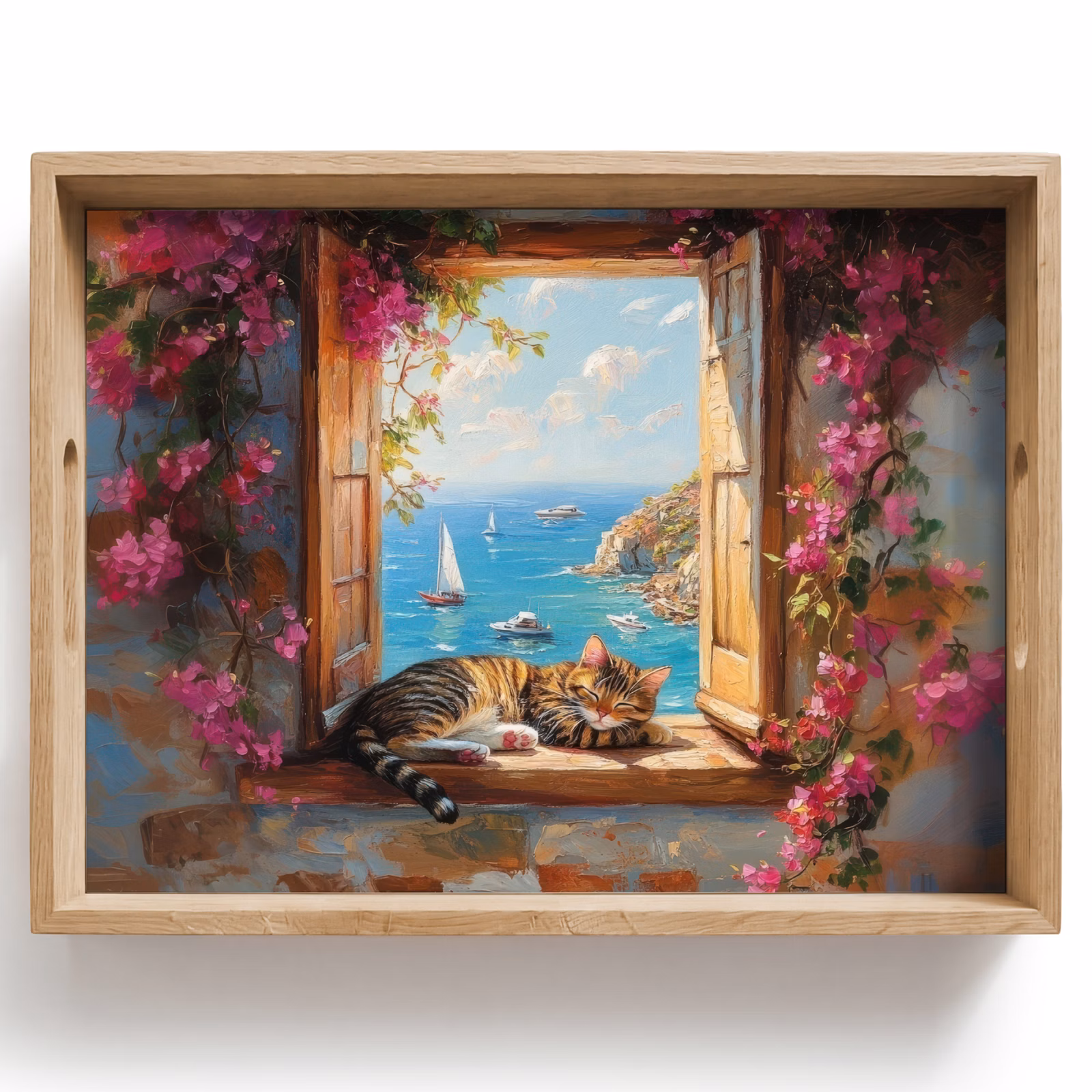 Tablett - Katze - Blaues Meer - Rosa Blumen — 1