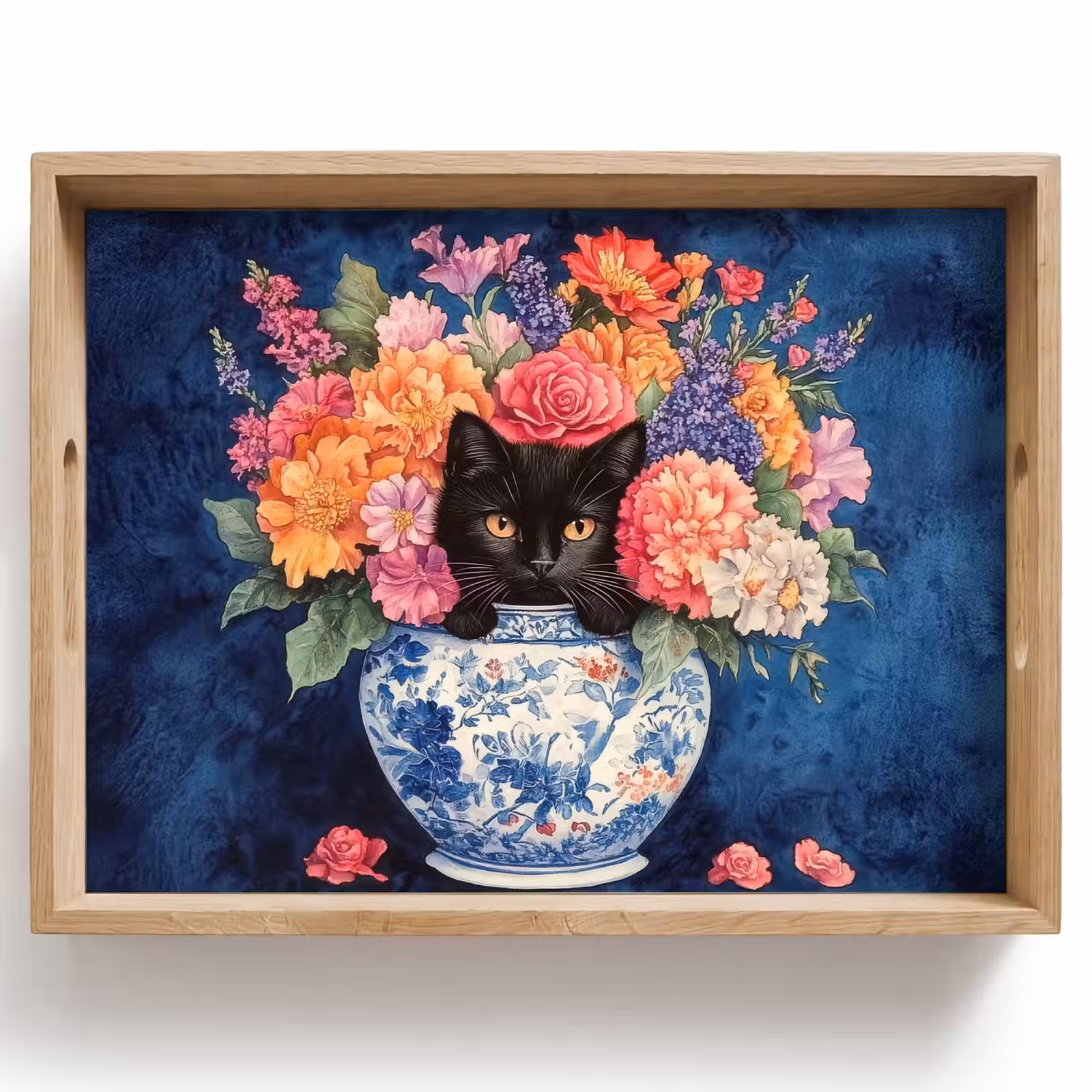 Tablett - Katze - Bunte Blumen - Vase — 1