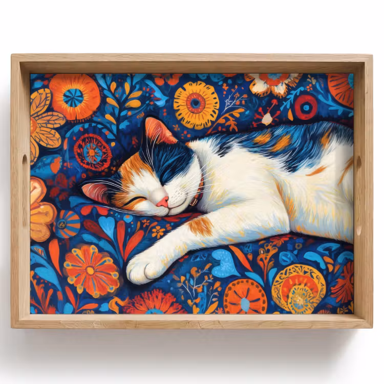 Tablett - Katze - Blumenmuster - Blau - Orange — 1