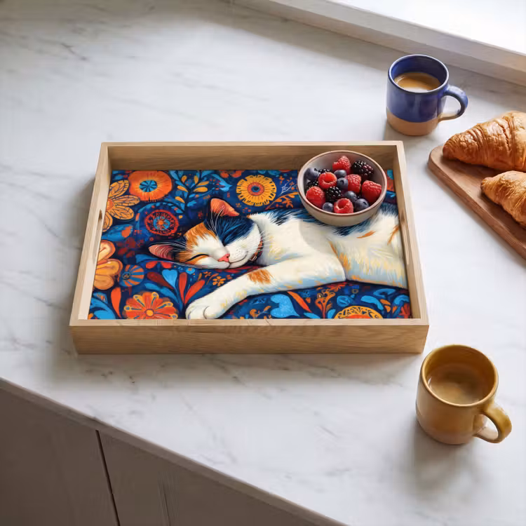 Tablett - Katze - Blumenmuster - Blau - Orange — 3