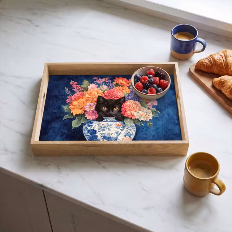 Tablett - Katze - Bunte Blumen - Vase — 3