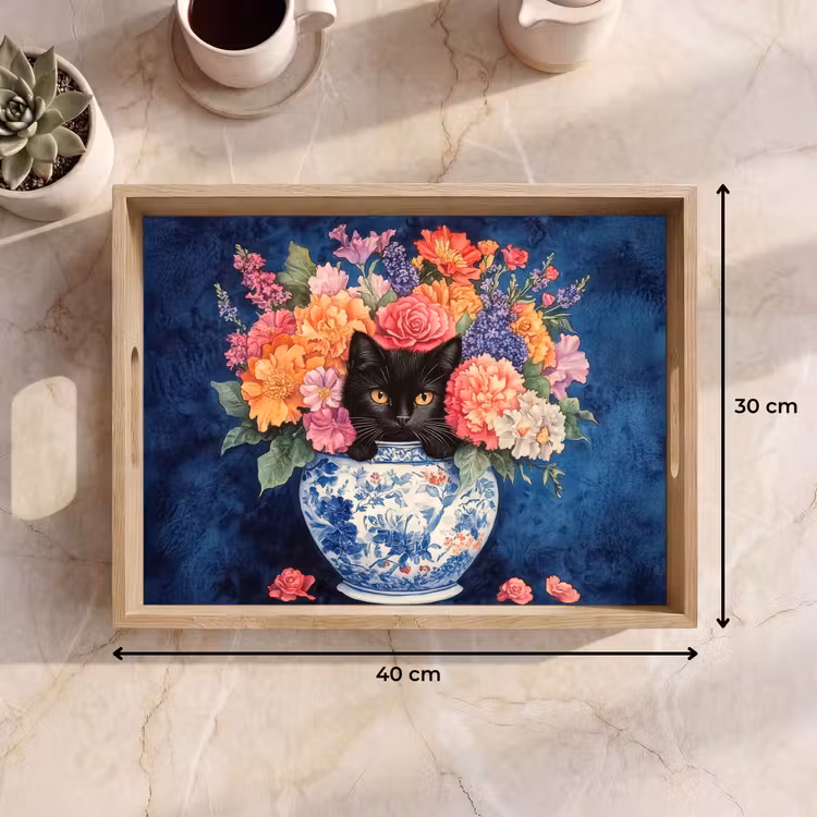 Tablett - Katze - Bunte Blumen - Vase — 7