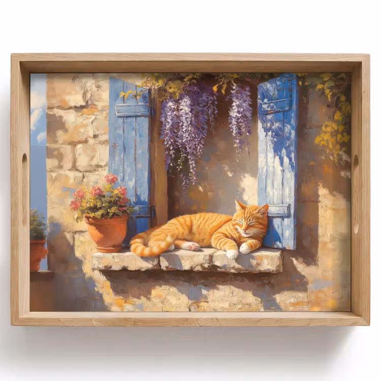 Tablett - Katze - Fensterbank aus Stein - Blumen — 1