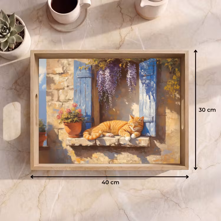 Tablett - Katze - Fensterbank aus Stein - Blumen — 7