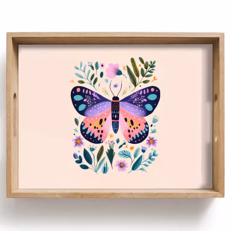 Tablett - Blumen - Blätter - Schmetterling - Farbenfroh — 1