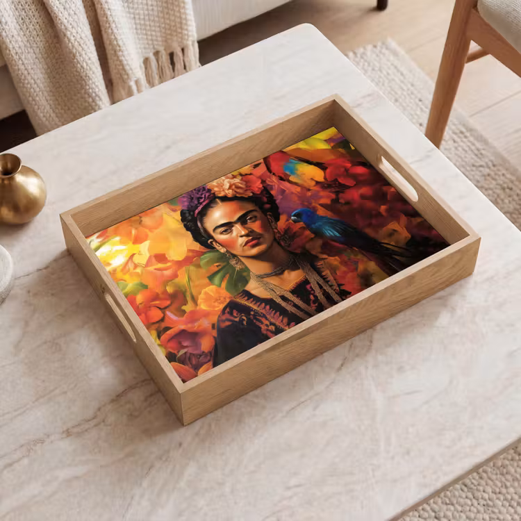 Tablett - Frau - Blumen - Papagei - Malerisch — 2