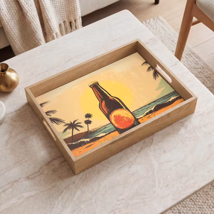 Tablett - Bierflasche - Sonnenuntergang - Palmen - Meer — 2