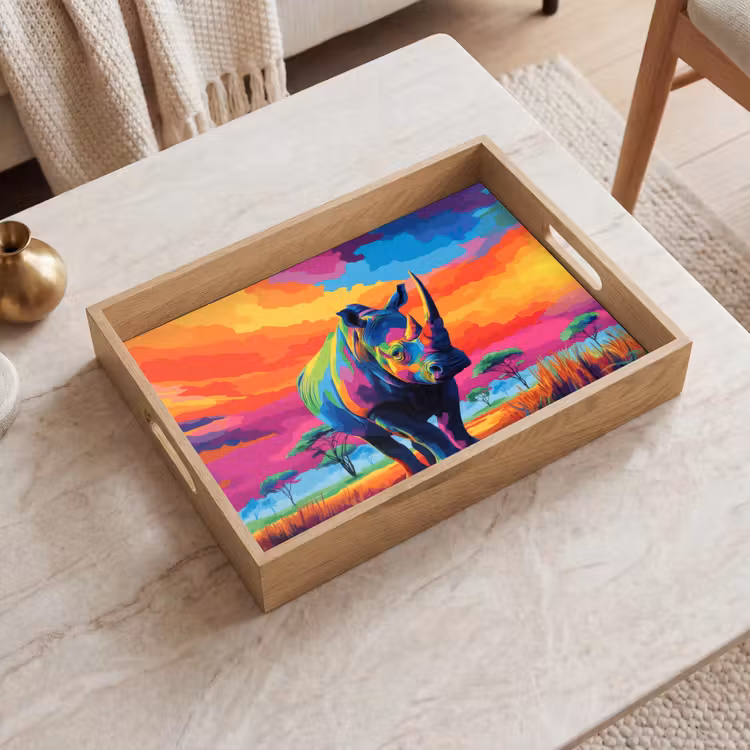 Tablett - Nashorn - Sonnenuntergang - Savanne - Farbenfroh — 2