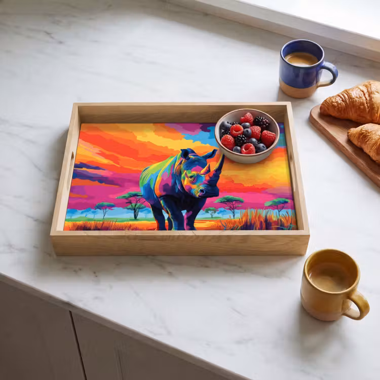 Tablett - Nashorn - Sonnenuntergang - Savanne - Farbenfroh — 3