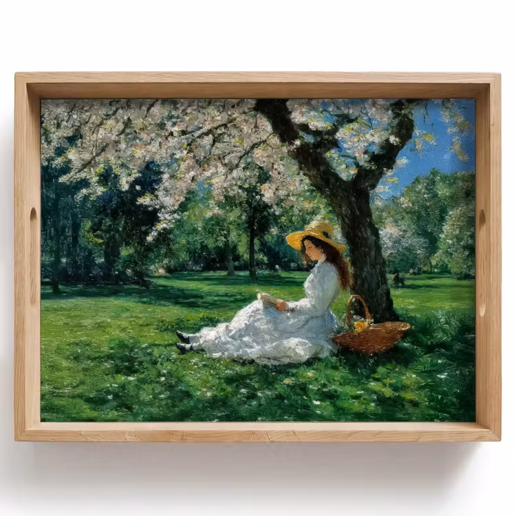 Tablett - Frau - Baum - Buch - Korb — 1