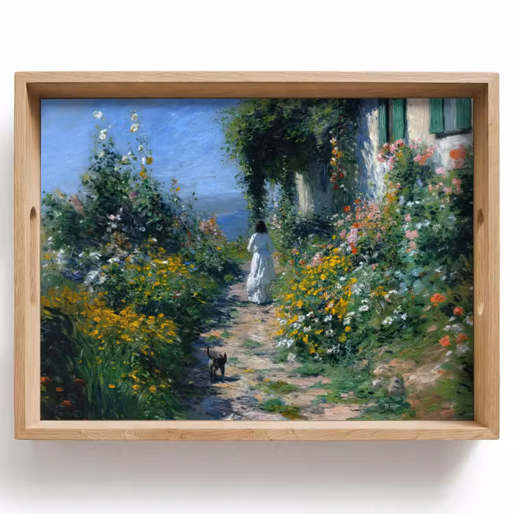 Tablett - Katze - Frau - Blumen - Haus — 1