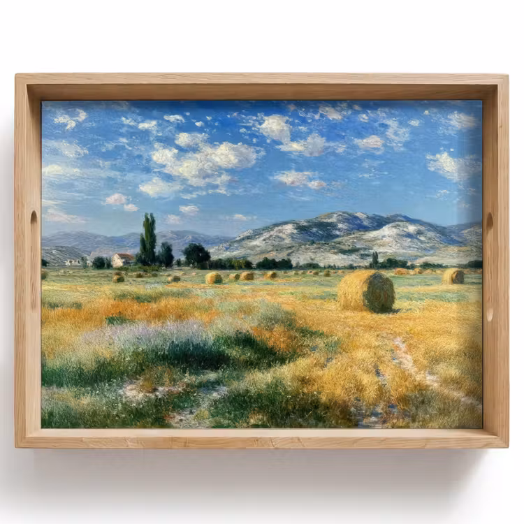 Tablett - Landschaft - Strohballen - Berge - Wolken — 1