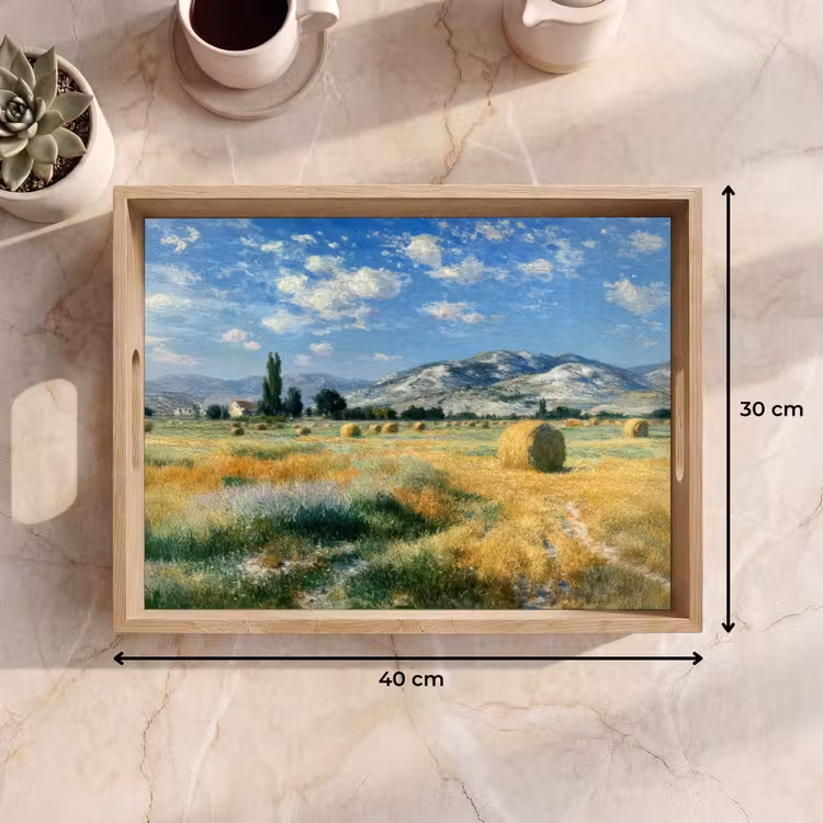 Tablett - Landschaft - Strohballen - Berge - Wolken — 7