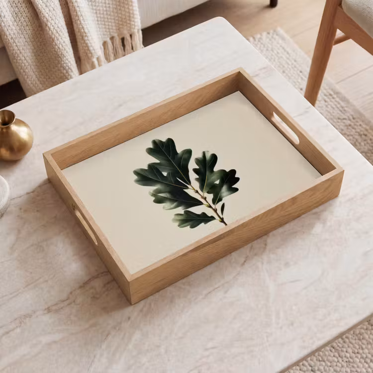 Tablett - Eichenblätter - Beige - Grün - Gewellte Ränder — 2