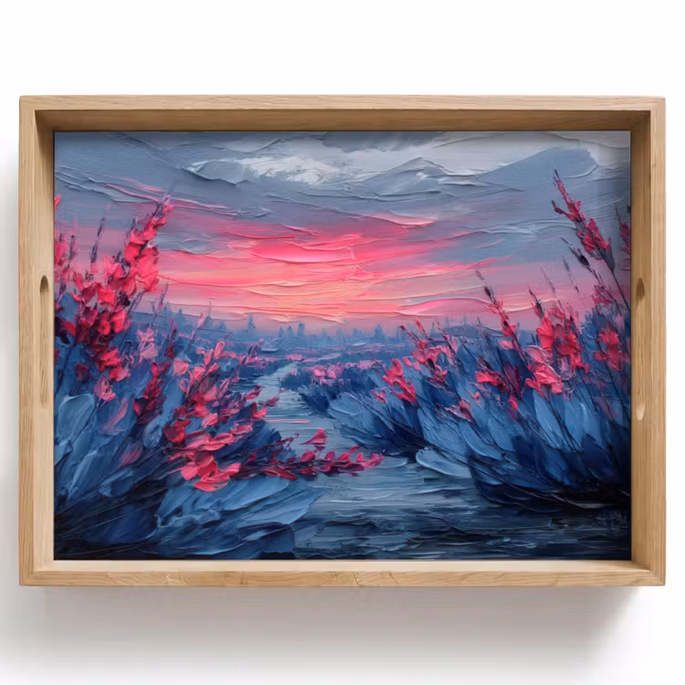Tablett - Gemälde - Sonnenuntergang - Blumen - Fluss — 1