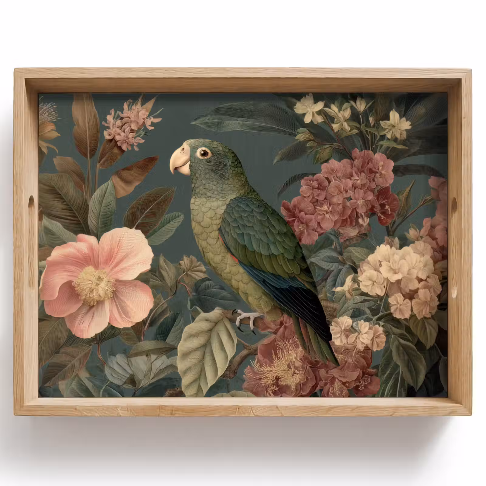 Tablett - Grüner Papagei - Bunte Blumen - Dunkler Hintergrund — 1