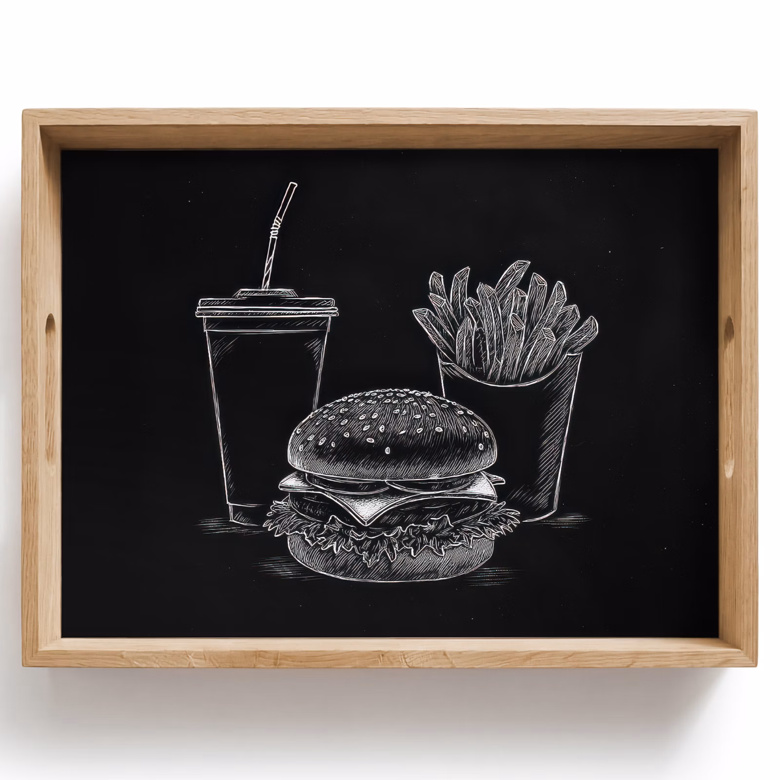 Tablett - Hamburger - Pommes Frites - Softdrink - Kreidezeichnung — 1