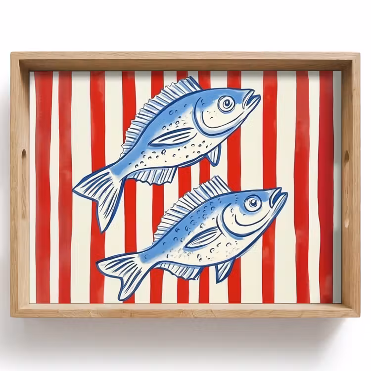 Tablett - Fisch - Vertikale Streifen - Blau - Rot — 1