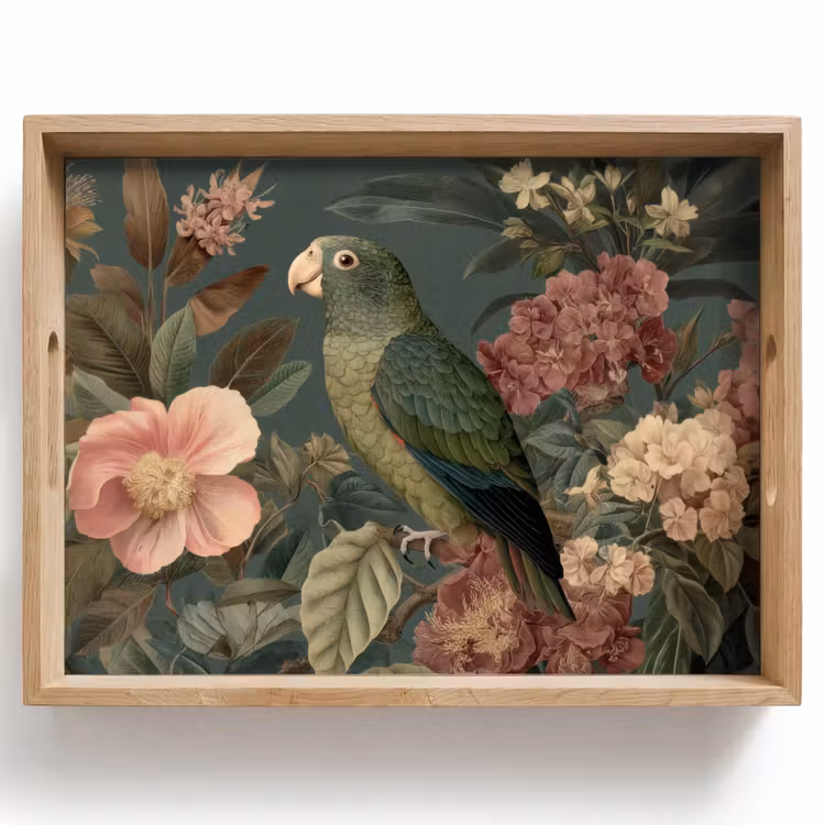 Tablett - Grüner Papagei - Bunte Blumen - Dunkler Hintergrund — 1