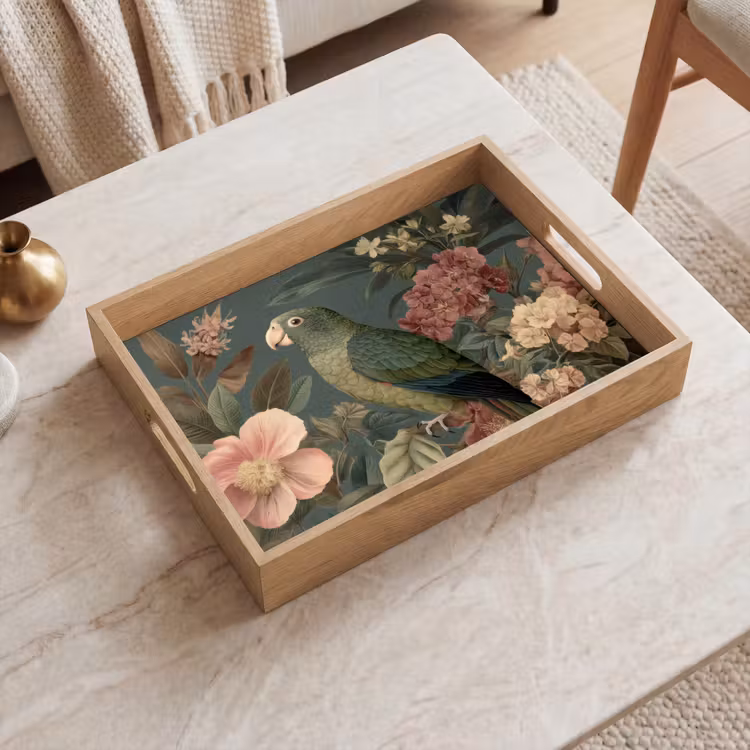 Tablett - Grüner Papagei - Bunte Blumen - Dunkler Hintergrund — 2
