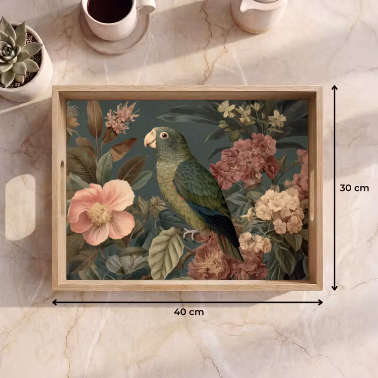 Tablett - Grüner Papagei - Bunte Blumen - Dunkler Hintergrund — 7
