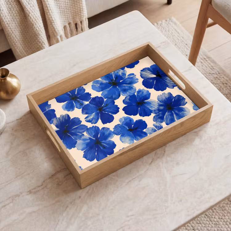 Tablett - Blumen - Blau - Gemustert - Weiß — 2