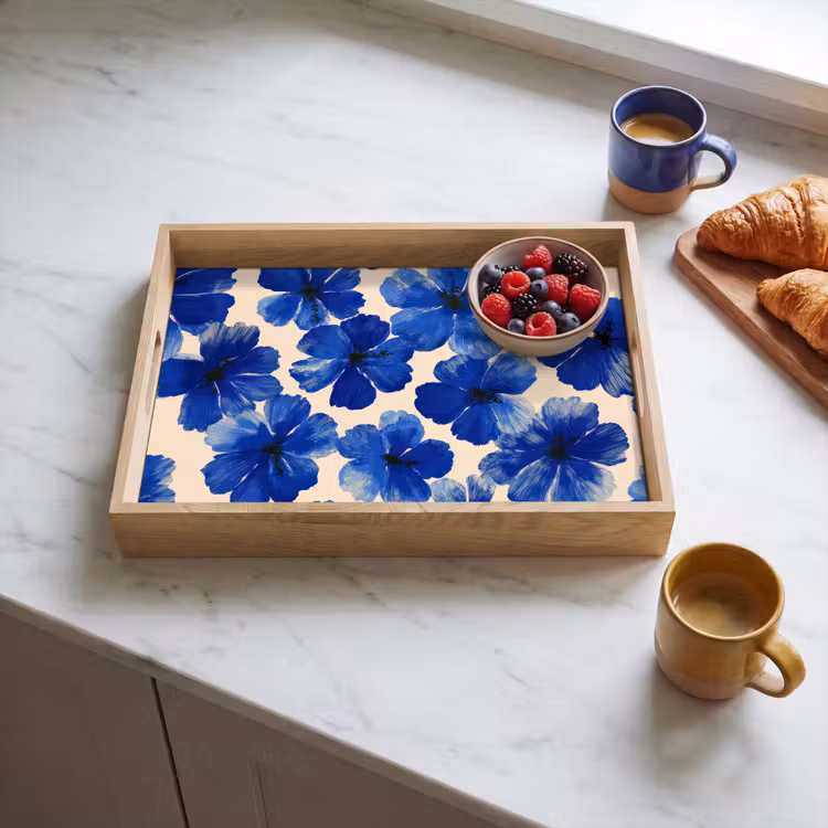 Tablett - Blumen - Blau - Gemustert - Weiß — 3