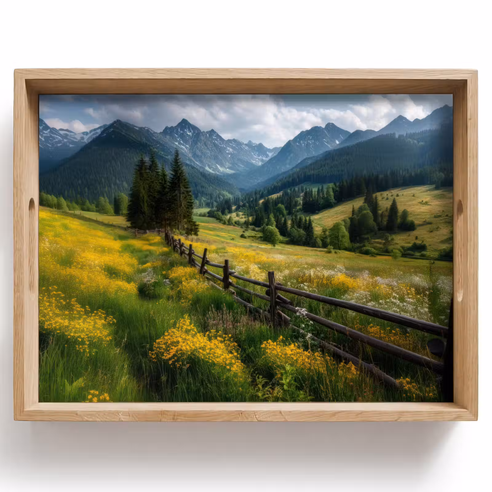 Tablett - Feld - Zaun - Berge - Blumen — 1